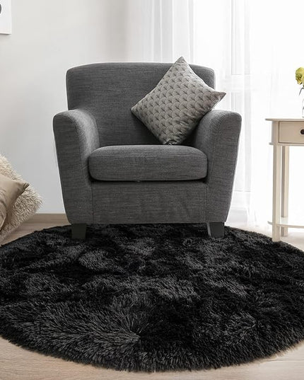 Black Round Rug for Bedroom, Super Fluffy Circle Rugs for Baby Nursery, 5'X5' Feet Furry Carpet for Children Kids Room, Cute Soft Shaggy Rug for Girls Home Decor, Fuzzy Plush Carpets for Dorm - LeafyLoom