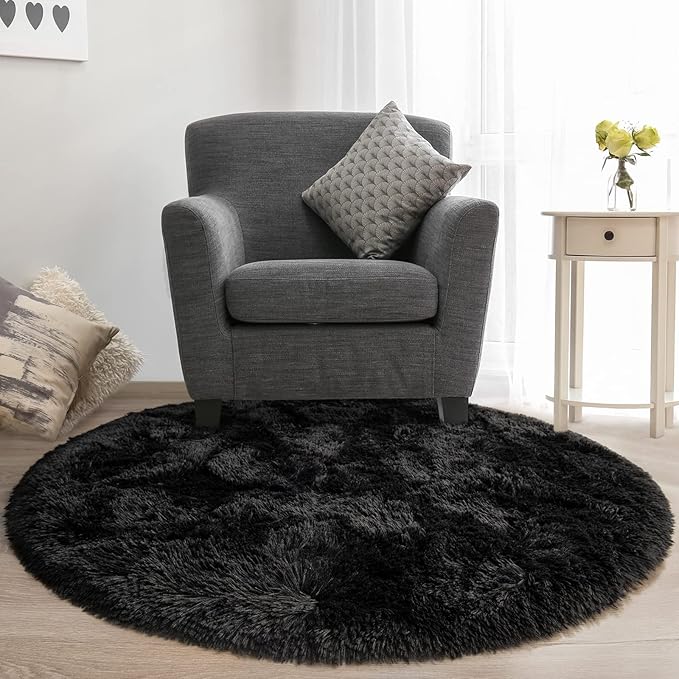 Black Round Rug for Bedroom, Super Fluffy Circle Rugs for Baby Nursery, 5'X5' Feet Furry Carpet for Children Kids Room, Cute Soft Shaggy Rug for Girls Home Decor, Fuzzy Plush Carpets for Dorm - LeafyLoom