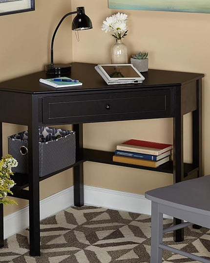 Target Marketing Systems Wood Corner Desk with One Drawer and One Storage Shelf, Black - LeafyLoom