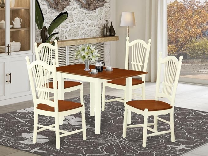 East West Furniture NDDO5-WHI-W Norden 5 Piece Modern Set Includes a Rectangle Wooden Table with Dropleaf and 4 Kitchen Dining Chairs, 30x48 Inch, Buttermilk & Cherry - LeafyLoom