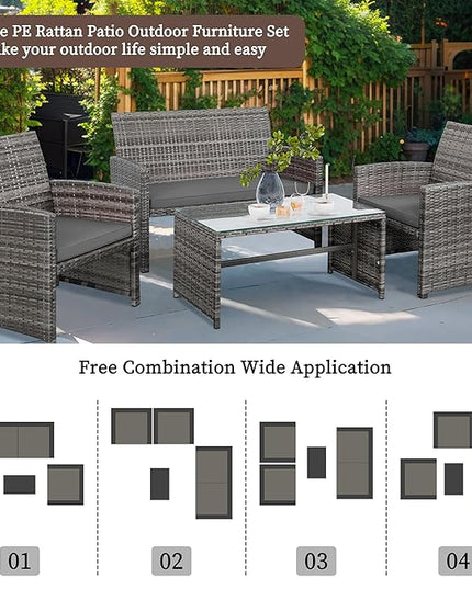 Shintenchi 4-Piece Outdoor Gray Wicker Patio Conversation Furniture Set, Rattan Patio Furniture Set with Weather Resistant Cushions and Tempered Glass Tabletop,Grey - LeafyLoom