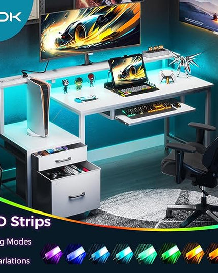 AODK 55 Inch Computer Desk with Power Outlet and LED Light, Reversible Office Desk with File Cabinet and Drawer, Gaming Desk with Keyboard Tray, Study Table with Full Monitor Riser and PC Stand, White - LeafyLoom