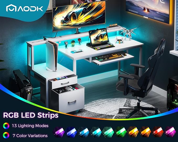 AODK 55 Inch Computer Desk with Power Outlet and LED Light, Reversible Office Desk with File Cabinet and Drawer, Gaming Desk with Keyboard Tray, Study Table with Full Monitor Riser and PC Stand, White - LeafyLoom