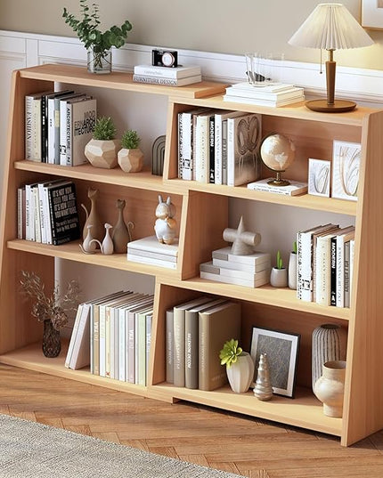 IOTXY Wooden Extendable Shelf Bookcase - 3-Tier Ladder Low Short Bookshelf for Small Space or Corner, Oak, L - LeafyLoom