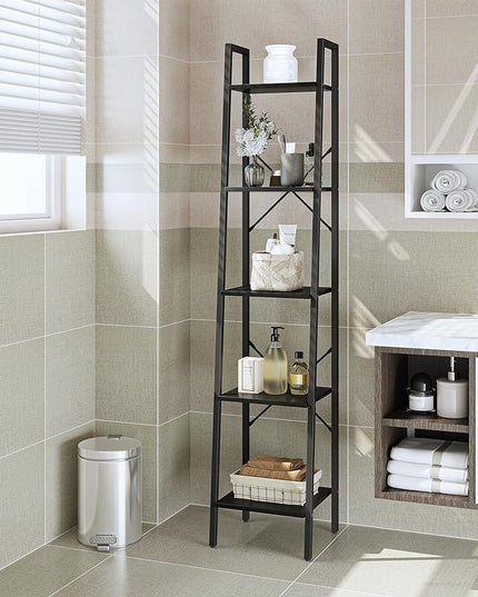 Ladder Shelf, Bookshelf Bookcase, Freestanding Corner Storage Shelve with 2 Hooks for Home Office, Living Room, Kitchen, Bedroom, Industrial, 5-Tier Black BC03204B - LeafyLoom