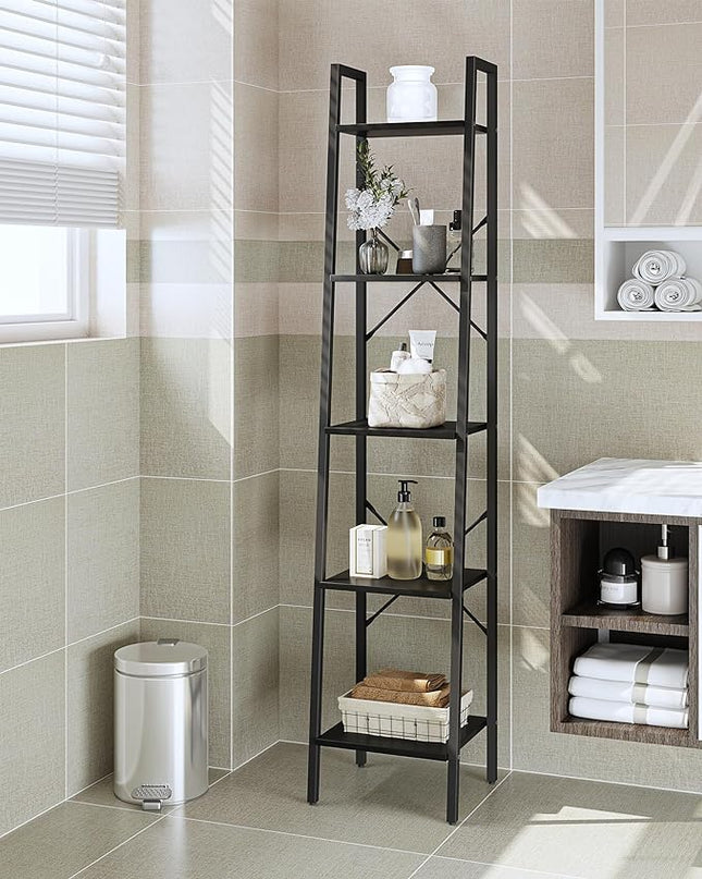 Ladder Shelf, Bookshelf Bookcase, Freestanding Corner Storage Shelve with 2 Hooks for Home Office, Living Room, Kitchen, Bedroom, Industrial, 5-Tier Black BC03204B - LeafyLoom