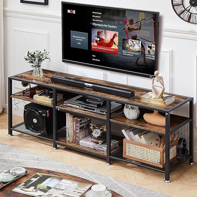 VECELO TV Stand for Televisions up to 70 Inch, Industrial Entertainment Center with 3-Tier Open Storage Shelves& Hooks for Living, Bedroom and Gaming Room, 63 Inch, Brown - LeafyLoom