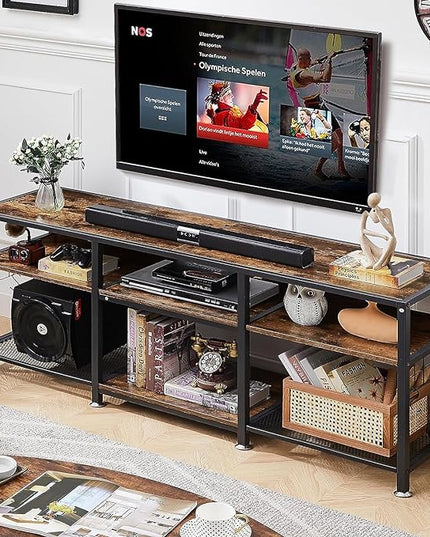 VECELO TV Stand for Televisions up to 75 Inch, Industrial Entertainment Center with 3-Tier Open Storage Shelves& Hooks for Living, Bedroom and Gaming Room, 70 Inch, Brown - LeafyLoom