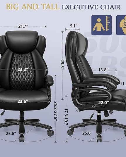 Big and Tall Office Chair 500lbs, Heavy Duty Executive Desk Chair with Adjustable Lumbar Support, Comfy Padded Cushion, Ergonomic PU Leather Home Computer Chair with Extra Wide Seat, Black - LeafyLoom