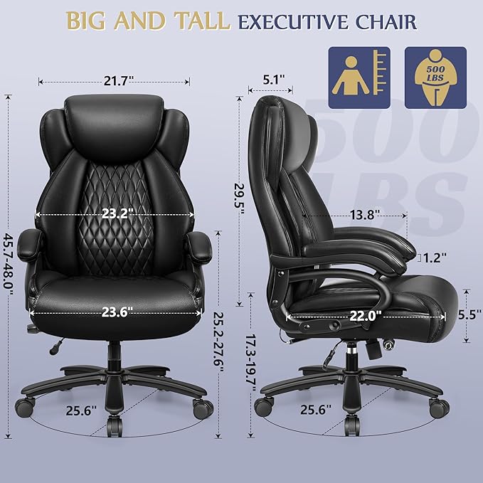 Big and Tall Office Chair 500lbs, Heavy Duty Executive Desk Chair with Adjustable Lumbar Support, Comfy Padded Cushion, Ergonomic PU Leather Home Computer Chair with Extra Wide Seat, Black - LeafyLoom