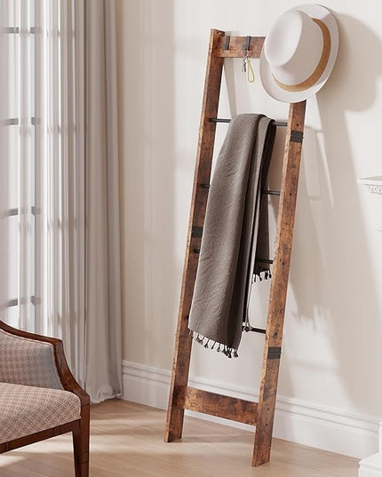 6 Tier Blanket Ladder Shelf for Living Room and Bedroom, Ladder Holder with 4 Metal Hooks, 5.2ft Blanket Quilt Holder Rack, Farmhouse Ladder Rack for Storage and Home Decor, Rustic Brown - LeafyLoom