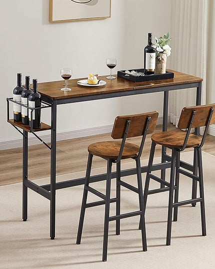 Dining Table Set for 2, Bar Table and Chairs Set, Industrial Counter Height Bar Table with Wine Rack, and 2 Stools with Backrest & Footrest, for Home, Kitchen, Bar, Small Space, Rustic Brown - LeafyLoom