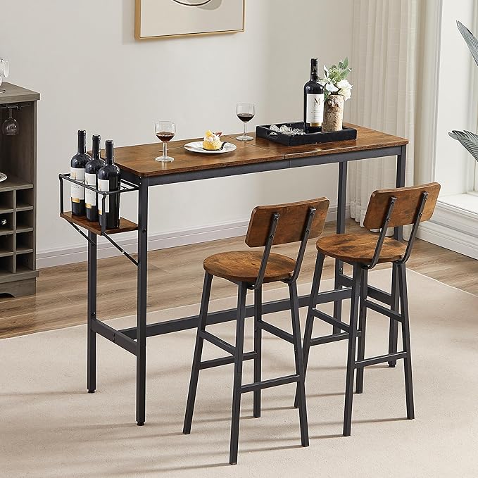 Dining Table Set for 2, Bar Table and Chairs Set, Industrial Counter Height Bar Table with Wine Rack, and 2 Stools with Backrest & Footrest, for Home, Kitchen, Bar, Small Space, Rustic Brown - LeafyLoom
