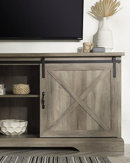 Walker Edison Corbin Modern Farmhouse Sliding X Barn Door TV Stand for TVs up to 80 Inches, 70 Inch, Grey Wash - LeafyLoom