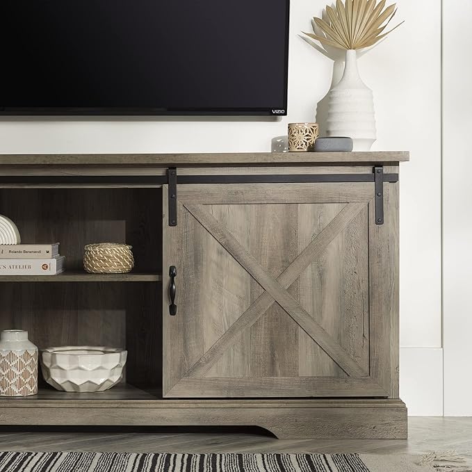 Walker Edison Corbin Modern Farmhouse Sliding X Barn Door TV Stand for TVs up to 80 Inches, 70 Inch, Grey Wash - LeafyLoom