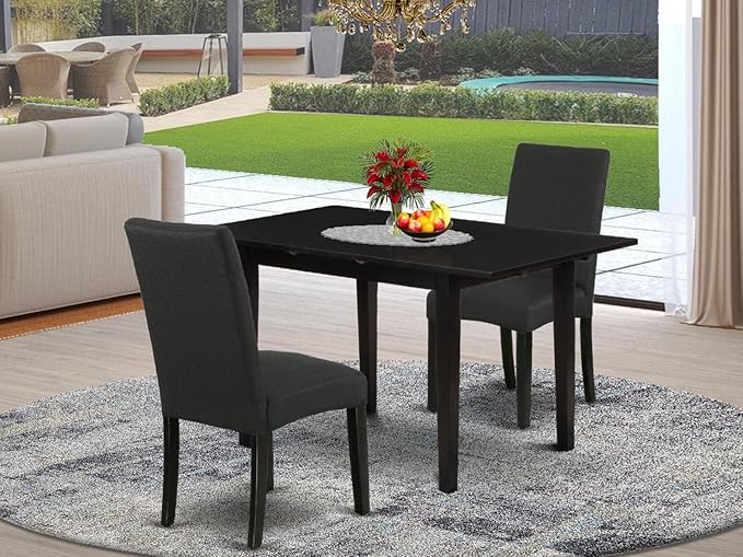 East West Furniture Norfolk 3 Piece Modern Dining Set Contains a Rectangle Wooden Table with Butterfly Leaf and 2 Black Color Linen Fabric Parson Chairs, 32x54 Inch - LeafyLoom