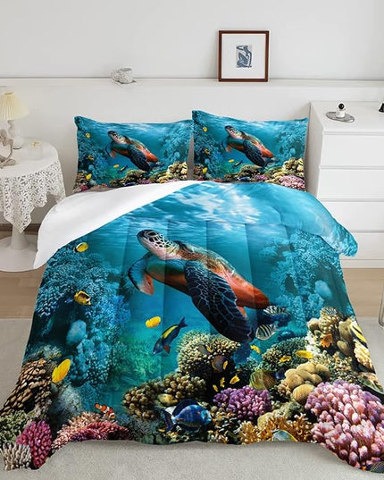 CVHOUSE Sea Turtle Bedding Set,Sea Turtle Comforter King,Ocean Beach Comforter Set for Boys Kids Girls,Ocean Quilt Set with 1 Comforter and 2 Pillow Cases - LeafyLoom