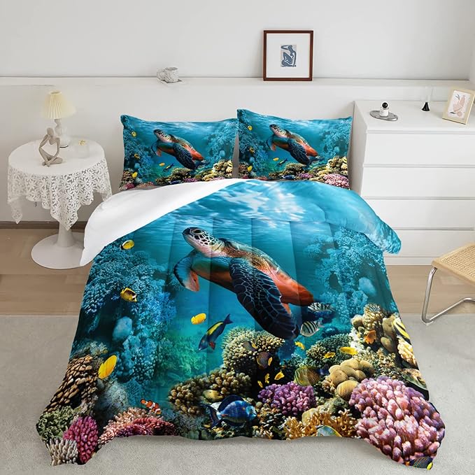 CVHOUSE Sea Turtle Bedding Set,Sea Turtle Comforter Queen,Ocean Beach Comforter Set for Boys Kids Girls,Ocean Quilt Set with 1 Comforter and 2 Pillow Cases - LeafyLoom