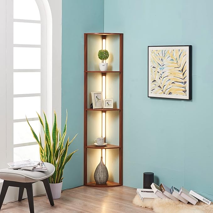 FENLO Fancy - LED Display Shelf with Dimmable Lights, LED Shelf Floor Lamps for Living Room, Sturdy Corner Shelf Curio Cabinet Display, Tall Floor Lamps with Shelves - LeafyLoom