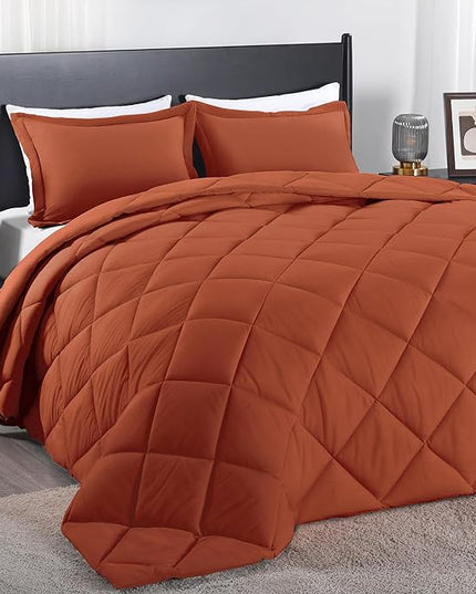 downluxe Queen Comforter Set - Burnt Orange Comforter Set Queen, 3 Pieces Solid Comforter Set Queen Size for All Seasons, 1 Lightweight Fluffy Comforter (88"x92") and 2 Pillow Shams - LeafyLoom