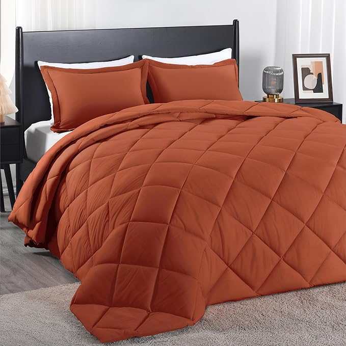 downluxe King Size Comforter Set - Burnt Orange King Comforter Set, 3 Pieces Soft Solid Comforter King Size Set for All Seasons, 1 Lightweight Fluffy Comforter (104"x92") and 2 Pillow Shams - LeafyLoom
