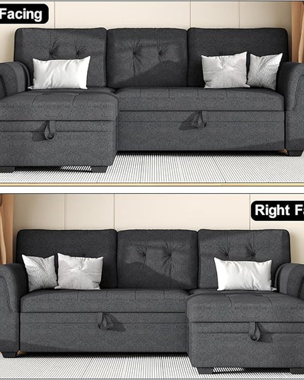 LOVMOR L-Shape Reversible Linen Fabric Sleeper Sectional Sofa with Storage Chaise, Dark Gray Corner Couch with Arms for Living Room, Home Furniture, Apartment, Dorm, 84 Inch - LeafyLoom