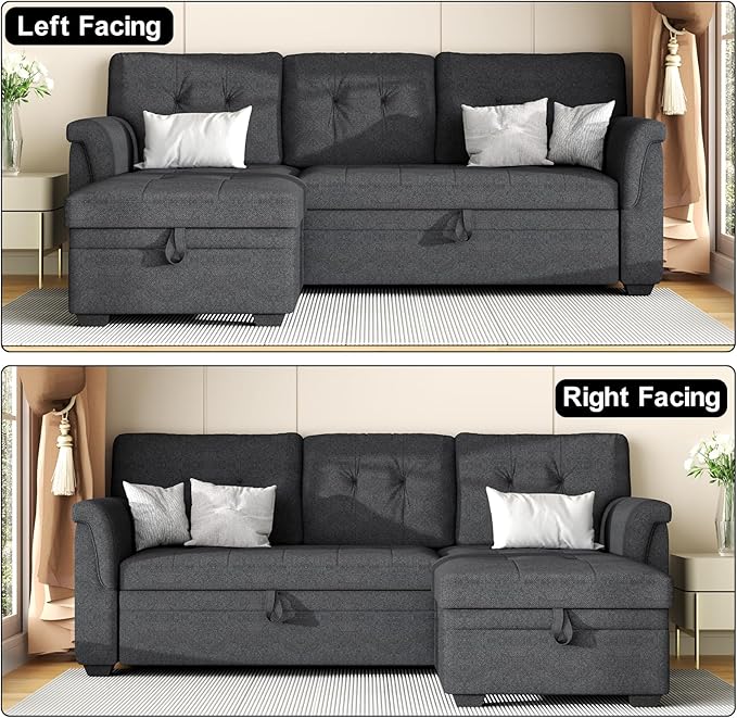 LOVMOR L-Shape Reversible Linen Fabric Sleeper Sectional Sofa with Storage Chaise, Dark Gray Corner Couch with Arms for Living Room, Home Furniture, Apartment, Dorm, 84 Inch - LeafyLoom