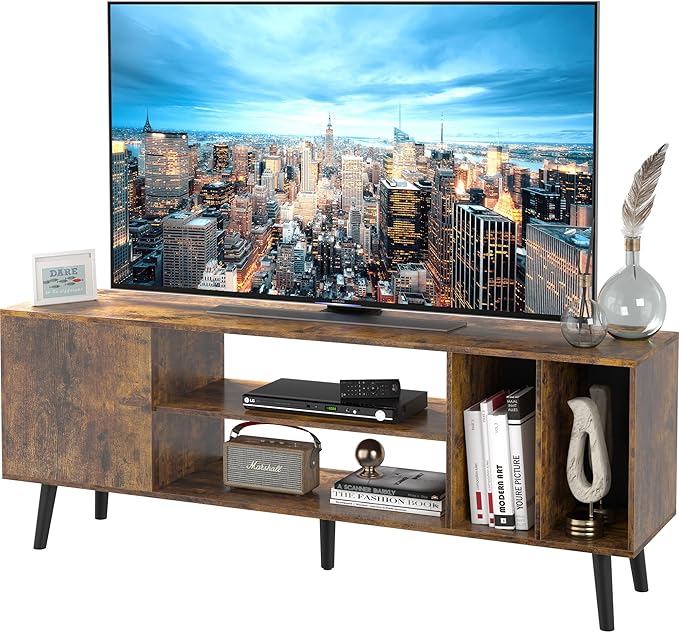 Yusong TV Stand for 55/65 inch TV, Mid Century Modern TV Console Table, Media Entertainment Center with Storage for Living Room Bedroom, Wood TV Cabinet, Rustic Brown - LeafyLoom
