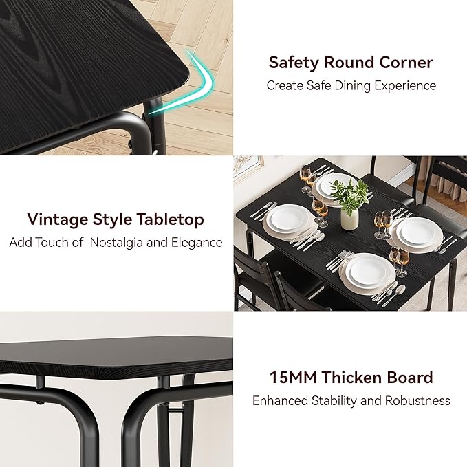 Dining Table for 4, Small Table and Chairs Set of 4, Square Dinette Set for 4, Dinner Table Set, 3 Piece Kitchen & Dining Room Sets for Small Space, Apartment (Black, Dining Table with 4 Chairs) - LeafyLoom