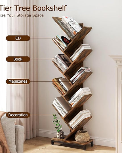 10 Shelf Tree Bookshelf, Floor Standing Wood Bookshelf for Books/Magazine/CDs/Movies, Modern Storage Rack Tree Bookcase, Utility Organizer Shelves for Narrow Space Home Office, Rustic Brown - LeafyLoom