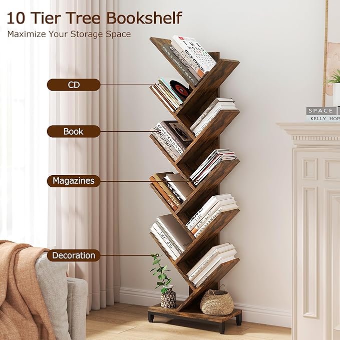 10 Shelf Tree Bookshelf, Floor Standing Wood Bookshelf for Books/Magazine/CDs/Movies, Modern Storage Rack Tree Bookcase, Utility Organizer Shelves for Narrow Space Home Office, Rustic Brown - LeafyLoom