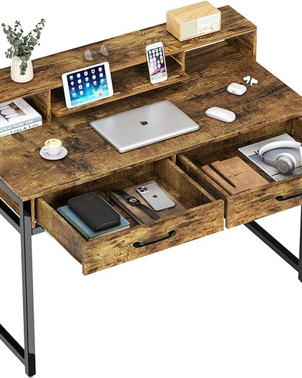 Computer Desk with Drawers, 47" Home Office Desk with Monitor Shelf, Writing Desk with Storage, Gaming Desk Work Desk Study Desk for Bedroom, Rustic Brown - LeafyLoom