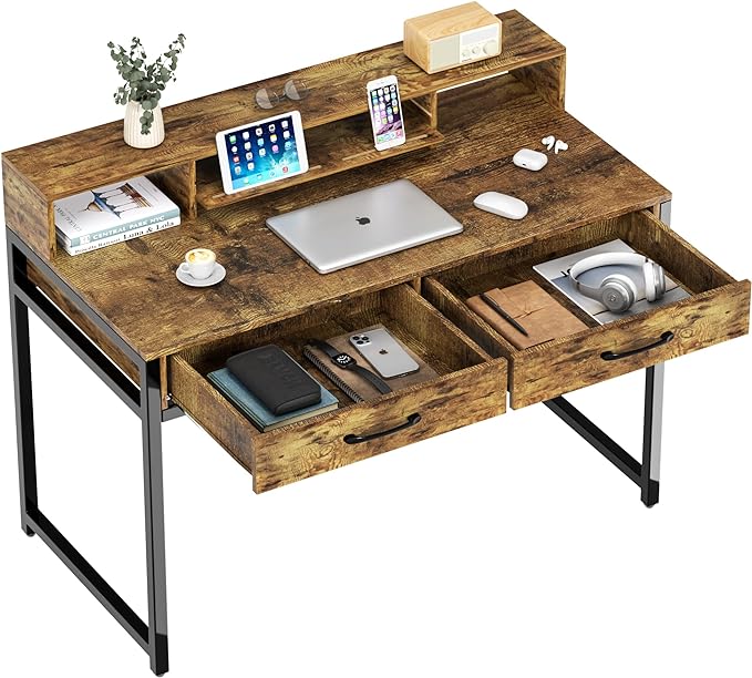 Computer Desk with Drawers, 47" Home Office Desk with Monitor Shelf, Writing Desk with Storage, Gaming Desk Work Desk Study Desk for Bedroom, Rustic Brown - LeafyLoom