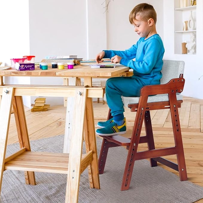 Ezebaby Wooden High Chair for Toddlers to Teens, Adjustable Kids Study Chair with Steps, Kids Dining Chair with Removable Cushion (Nut-Brown) - LeafyLoom