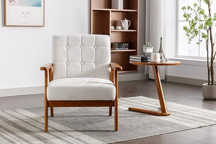 Mid-Century Accent, Modern Single Armchair, Upholstered Leisure Lounge Chair wth Solid Wood Armrest and Feet for Living Room, Bedroom, Office, Beige - LeafyLoom