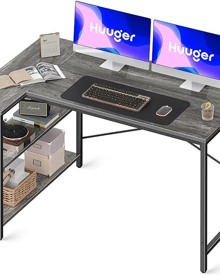 L Shaped Desk, 47 Inches Computer Desk with Reversible Storage Shelves, Gaming Desk, Corner Desk Home Office Desks, Writing Desk Study Desk with Metal Frame, Gray - LeafyLoom
