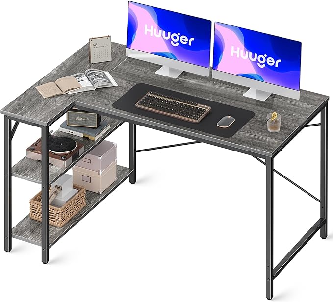 L Shaped Desk, 47 Inches Computer Desk with Reversible Storage Shelves, Gaming Desk, Corner Desk Home Office Desks, Writing Desk Study Desk with Metal Frame, Gray - LeafyLoom