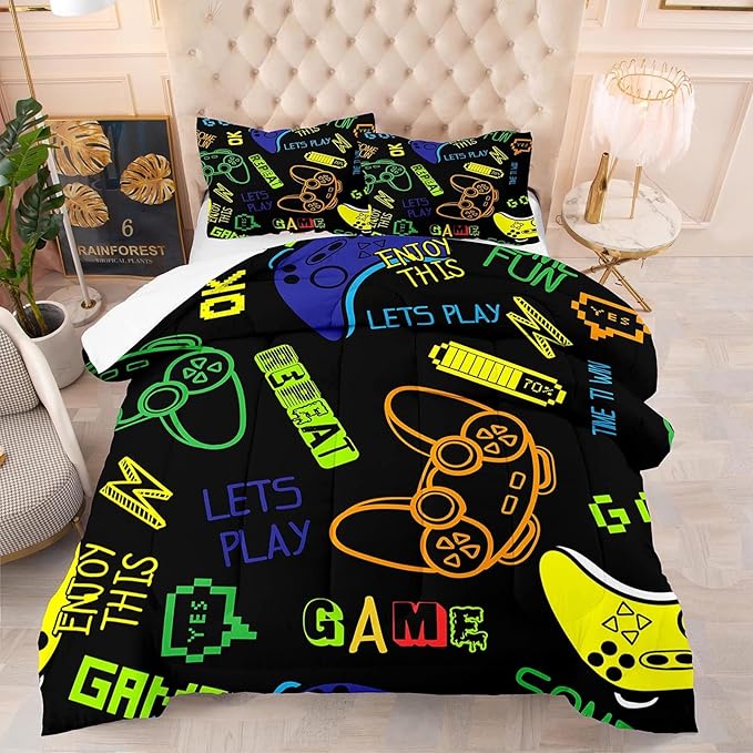 Game Console Comforter Set Twin Size for Boys Girls Kids 3D Gaming Lightweight Microfiber Quilts Gamer Video Bedding Sets Game Room Decor (Color 3,King) - LeafyLoom