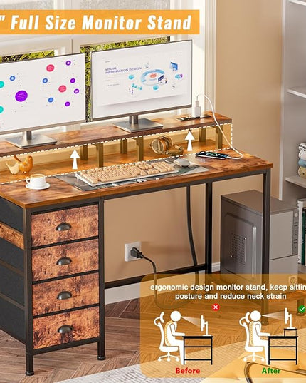 Furologee Desk with Power Outlets and LED Lights, 47in Gaming Computer Desk with 4 Fabric Drawers, Home Office Desk with Full Monitor Stand and Shelf, Study Writing Desk Bedroom, Rustic Brown - LeafyLoom