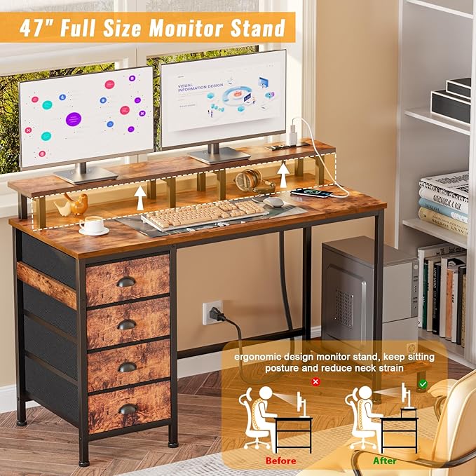 Furologee Desk with Power Outlets and LED Lights, 47in Gaming Computer Desk with 4 Fabric Drawers, Home Office Desk with Full Monitor Stand and Shelf, Study Writing Desk Bedroom, Rustic Brown - LeafyLoom