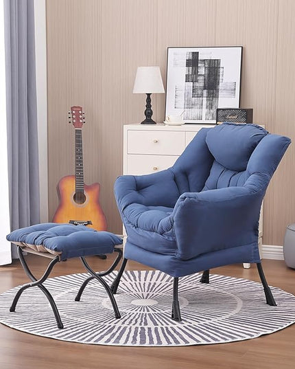 Lazy Chair and Ottoman, Large Accent Lounge Chair with Armrests and a Side Pocket, Modern Leisure Upholstered Sofa Reading Armchair with Footrest for Bedroom, Living Room, Dorm Rooms, Office - LeafyLoom