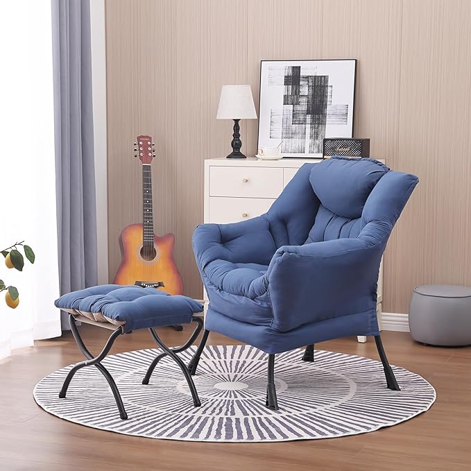 Lazy Chair and Ottoman, Large Accent Lounge Chair with Armrests and a Side Pocket, Modern Leisure Upholstered Sofa Reading Armchair with Footrest for Bedroom, Living Room, Dorm Rooms, Office - LeafyLoom