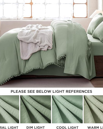 Litanika King Size Comforter Set Sage Green,3 Pieces Sage Green Boho Pom Pom Lightweight Bed Comforter, All Season Soft Solid Color Bedding Comforter Sets (1 Comforter 104x90 Inch, 2 Pillowcases) - LeafyLoom