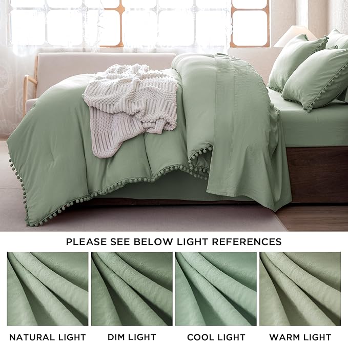 Litanika King Size Comforter Set Sage Green,3 Pieces Sage Green Boho Pom Pom Lightweight Bed Comforter, All Season Soft Solid Color Bedding Comforter Sets (1 Comforter 104x90 Inch, 2 Pillowcases) - LeafyLoom