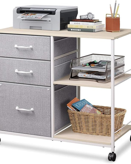 DEVAISE 3 Drawer Mobile File Cabinet, Rolling Printer Stand with Open Storage Shelf, Fabric Lateral Filing Cabinet fits A4 or Letter Size for Home Office, Light Grey - LeafyLoom
