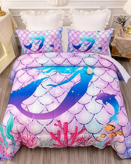 CVHOUSE Mermaid Comforter Set,Rainbow Mermaid Bedding Set for Girls Kids Teens,Rainbow Mermaid Comforter Mermaid Duvet Set Room Decor Quilt Set Twin Size - LeafyLoom