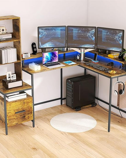 Rustic Brown L Shaped Desk with File Drawers, Computer Desk with Power Outlet and Monitor Shelf, Home Office Desk with Storage Shelves, Gaming Desk with Led Lights - LeafyLoom