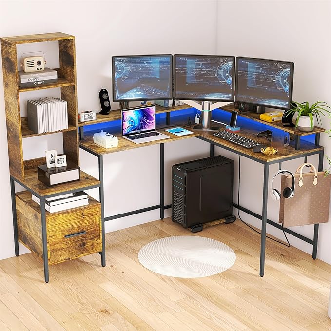 Rustic Brown L Shaped Desk with File Drawers, Computer Desk with Power Outlet and Monitor Shelf, Home Office Desk with Storage Shelves, Gaming Desk with Led Lights - LeafyLoom