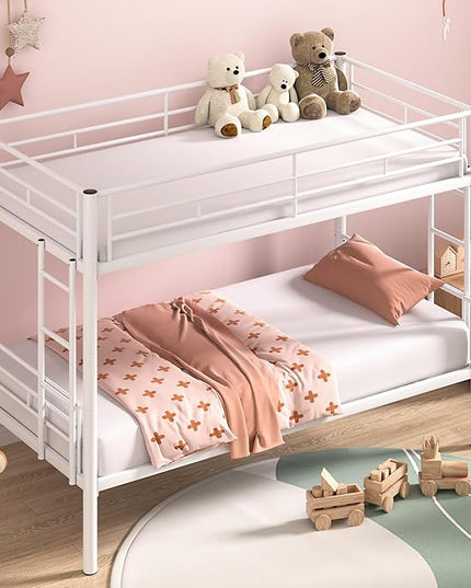 VECELO Metal Loft Bed Twin Size with Desk Industrial Bunkbeds with Ladder and Full-Length Guardrail, Noise Free, No Box Spring Needed, White - LeafyLoom