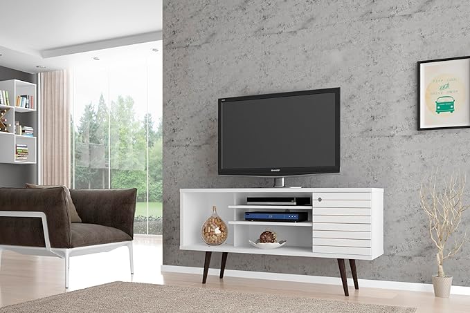 Manhattan Comfort Liberty Mid Century Modern TV Stand for Televisions up to 50 Inches, Bedroom and Living Room Entertainment Center with Storage, Shelves, and Cabinet, 53" Wide, White - LeafyLoom